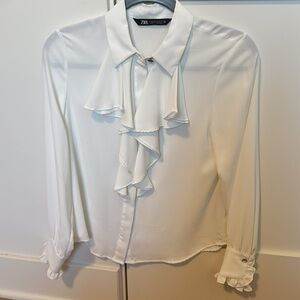Zara white long sleeve ruffled top with rhinestone buttons on sleeve/collar